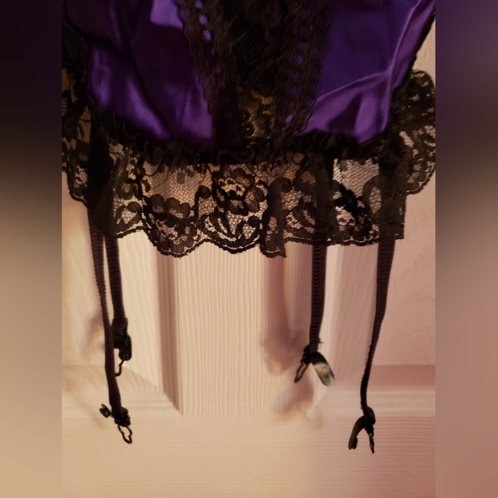 Cami Stocking 4 Garter Purple Satin Black Lace Midnight Hour Size M NWOT - Picture 2 of 7
